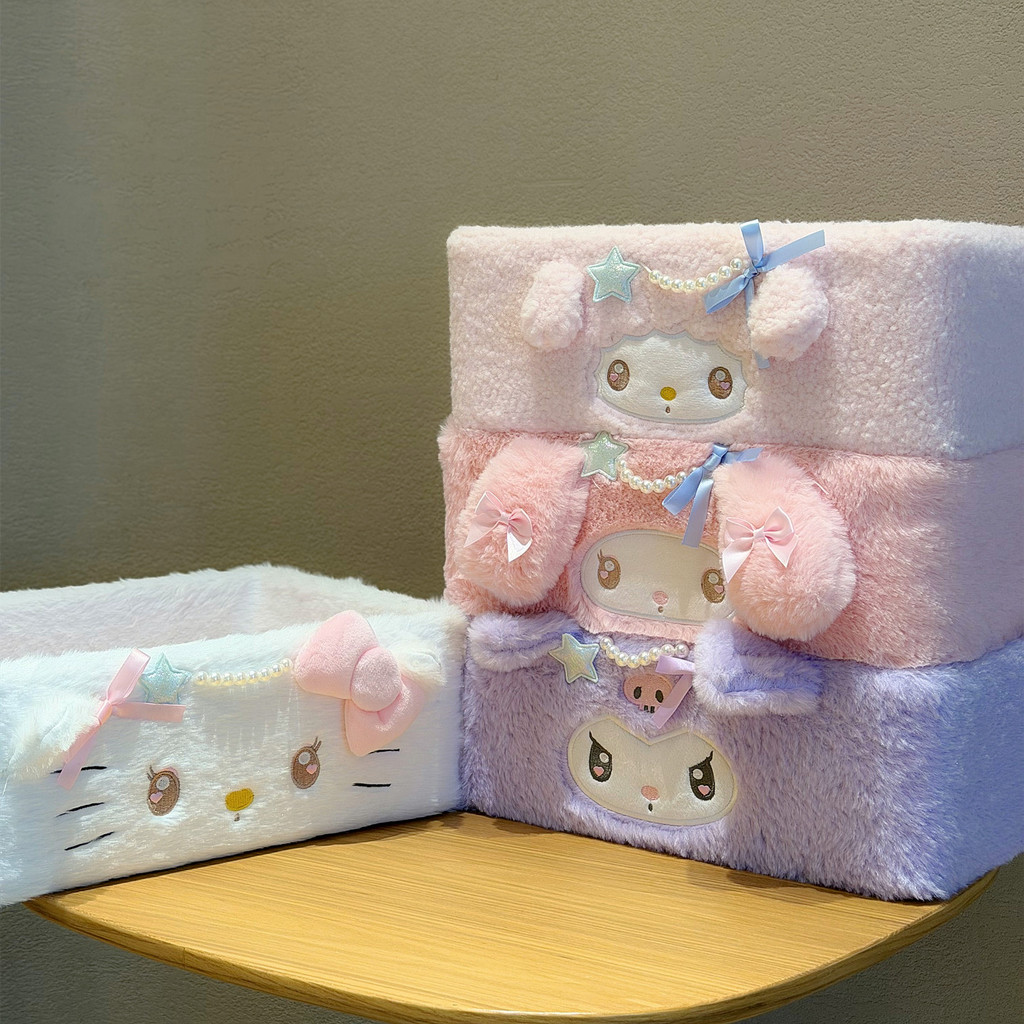 น่ารัก Kuromi My Melody Plush กล่องเก็บ Soft Fluffy Desktop Organizer Kuromi Cinnamoroll ถังเก็บ