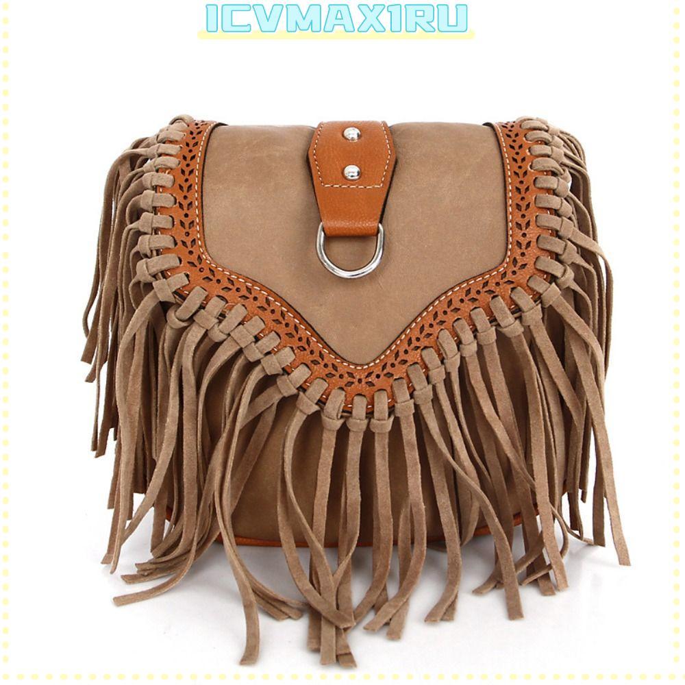 ICVMAX1RU Fringe Shoulder Bag, Retro PU Crossbody Purse, Tassel Bohemian Bag