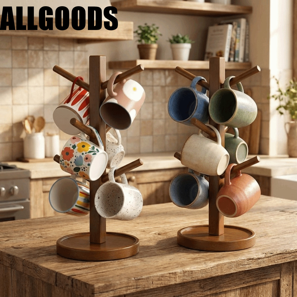 ALLGOODS ที่วางแก้วกาแฟ, ชั้นวางถ้วยขนาดกะทัดรัดประหยัดพื้นที่รูปทรงต้นไม้, ตกแต่งอเนกประสงค์พร้อมตะขอ 6 ตะขอแก้วแขวนชั้นวางจอแสดงผลร้านอาหารคาเฟ่