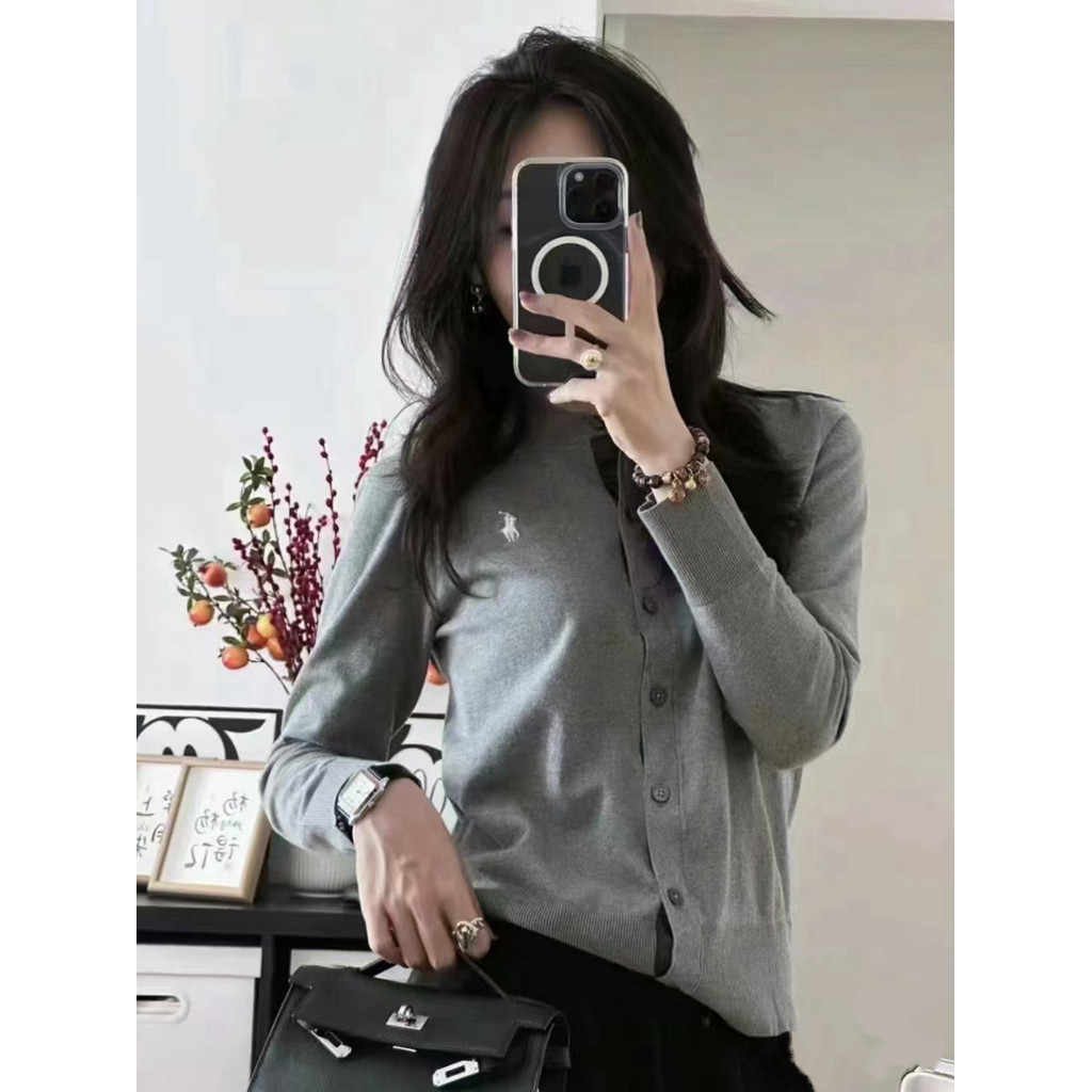 GWC4 RL Cardigan knitted gray high-end round-neck women's top with pony logo