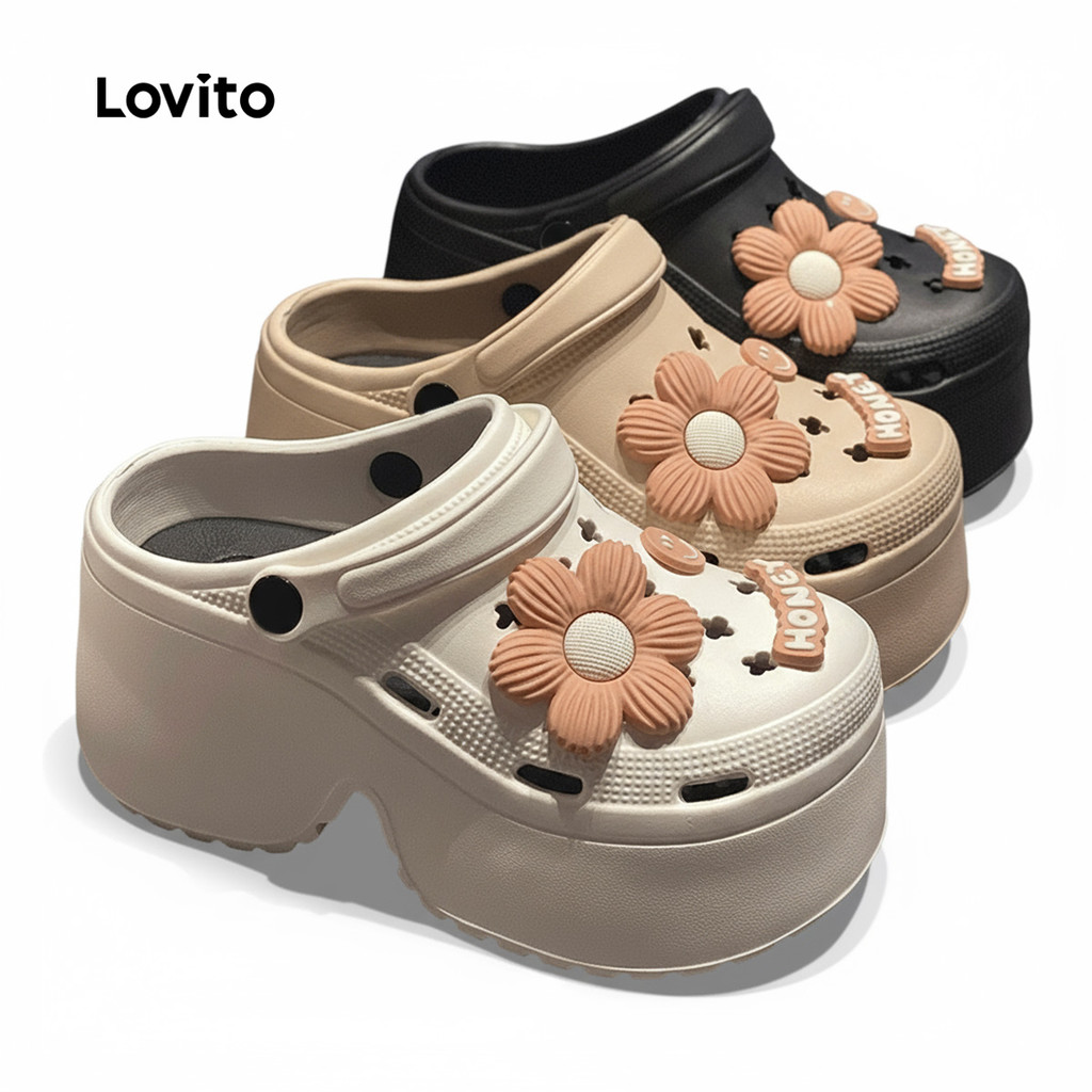 Lovito ลำลองสีพื้น9 ซม.หนาพิเศษ นุ่มนิ่มSole Daisy Show รองเท้าแตะส้นแบนขายาวสําหรับผู้หญิง LFA60336