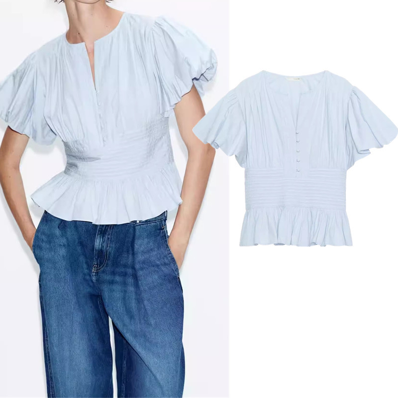 เสื้อเชิ้ตแขนสั้นคอกี้ Frilled Puff ZA 5770040