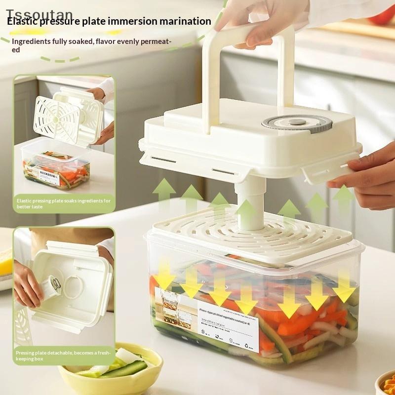 [TSST] 4L ขวดกองพลาสติกพร้อมแผ่นกด Leakproof Kitchen Organizer Bins สําหรับ Gherkin Sauerkraut มะกอกและกิมจิภาชนะเก็บ TAN