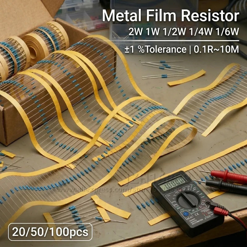 50-100PCS 1% โลหะฟิล์ม Resistor Assortment Kit 1/6W 1/4W 1/2W 1W 2W Axial Through Hole 1R-910R 1K-91