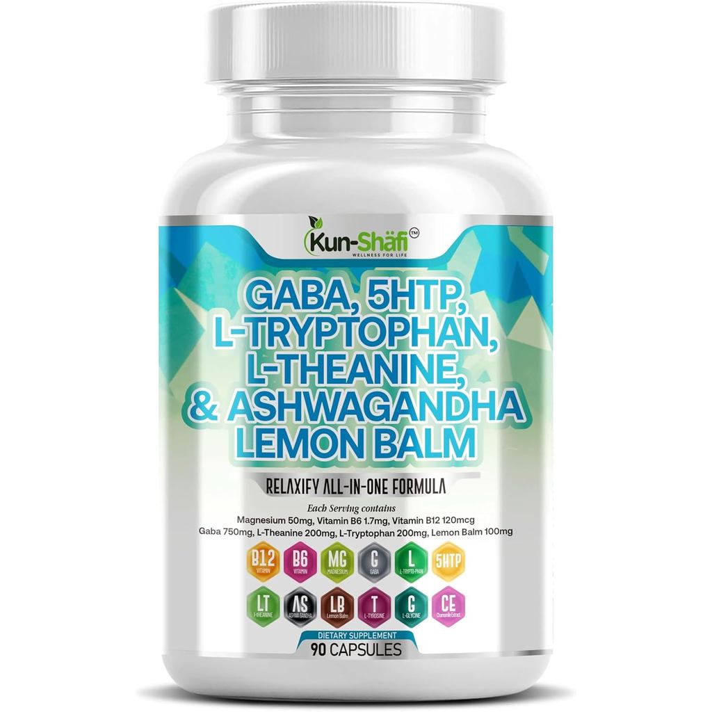 GABA 750mg, 5-HTP 100mg, L-Trytophan, L-Theanine, Ashwagandha, SAM-e, L-Glycine-Mood สนับสนุนวิตามิน