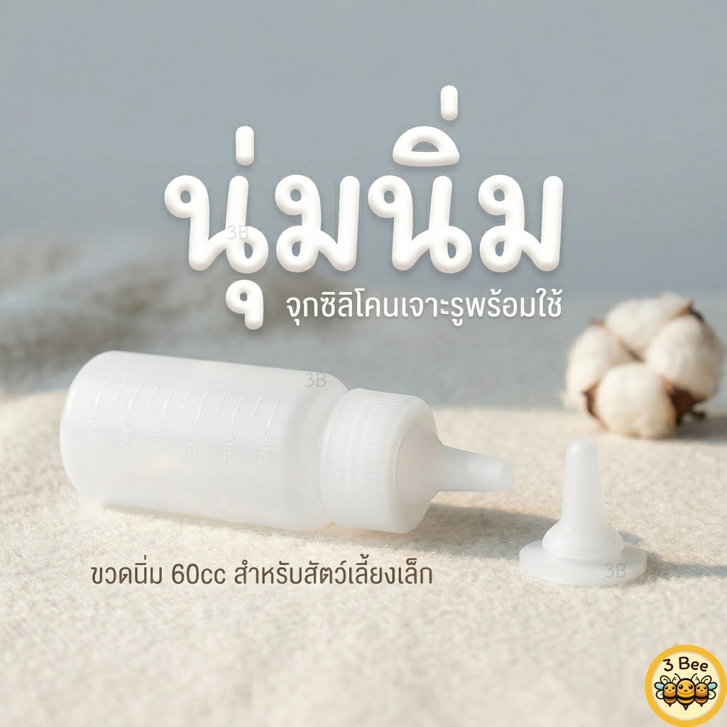 3B ขวดนมนิ่มสีขาวจุกยาว ☁️ ป้อนง่ายสุดๆ สำหรับสัตว์เลี้ยงจิ๋ว 🐭 ชูก้าไกรเดอร์ ลูกกระรอก 🍼 ขนาด 60ml