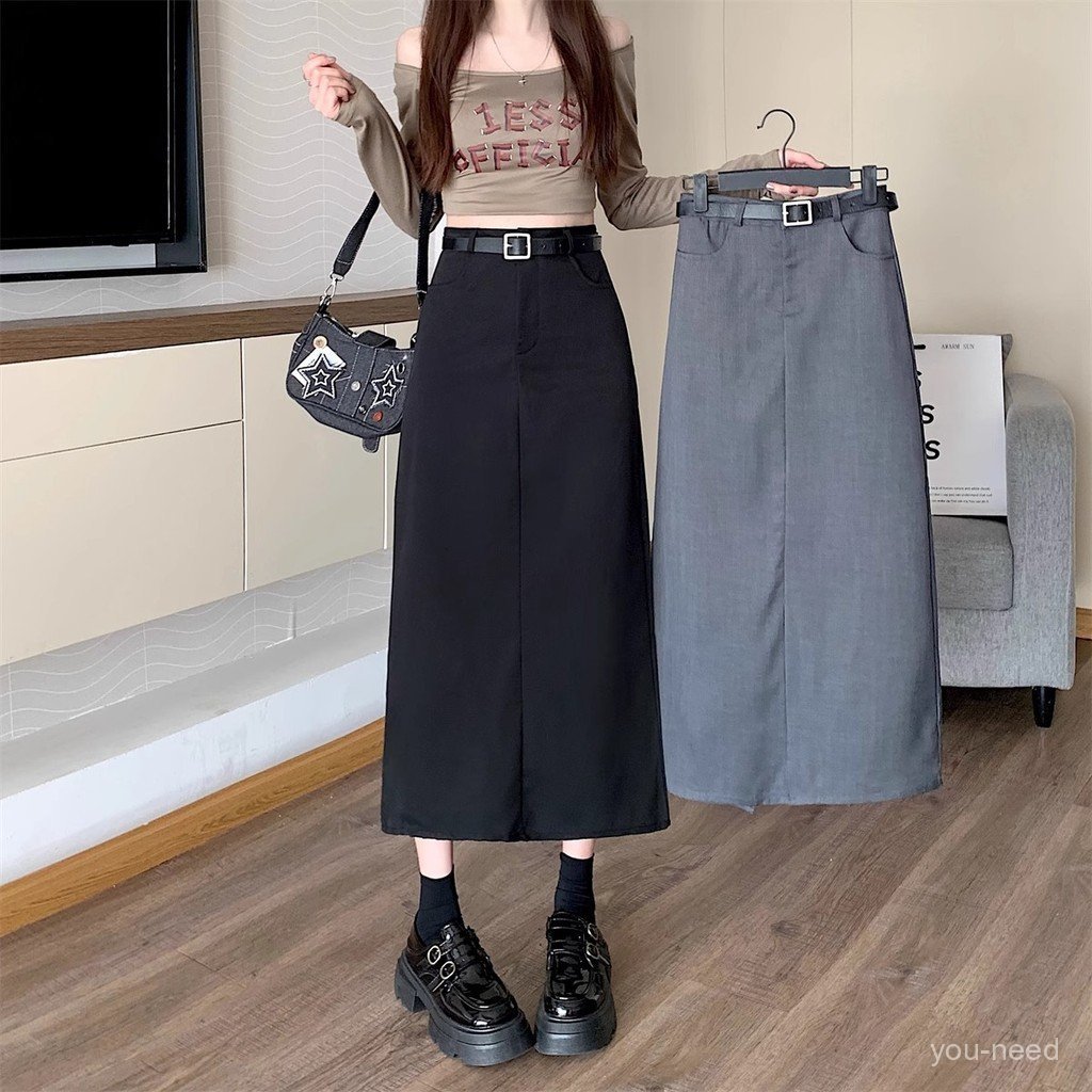 กระโปรงทรง A-Line สไตล์พรีปี้ สีเทา เอวสูง สวมใส่ง่ายสำหรับทุกวัน