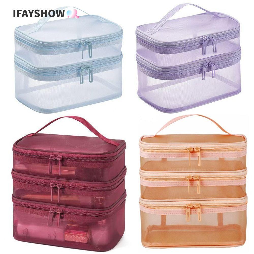 IFAYSHOW กระเป๋าเครื่องสําอางสําหรับเดินทางความจุขนาดใหญ่ 2/3 ชั้น, ที่เก็บตาข่ายโปร่งใสแบบพกพาที่เก็บเครื่องสําอางแต่งหน้า