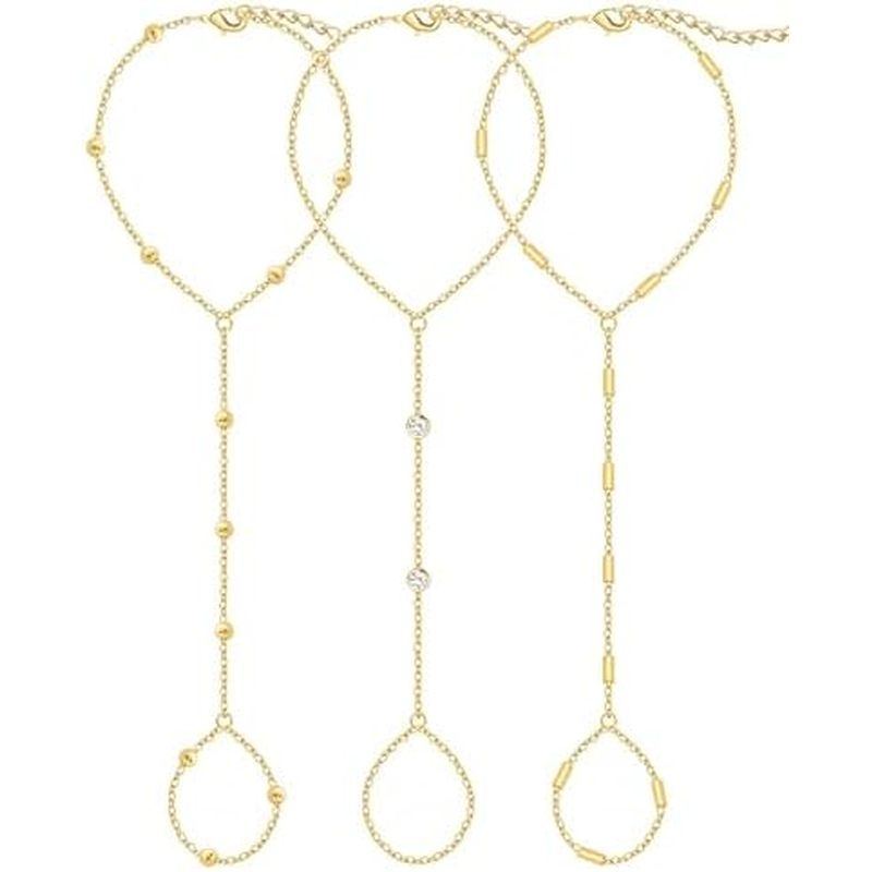 3PCS 14K Gold-Plated Hand Chain Bracelets for Women, Stack Bracelets Set Adjustable, Trendy Dainty R