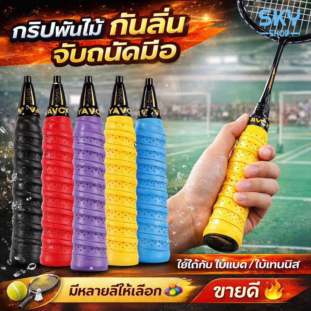 SKY กริบพันด้ามไม้แบด มีแกนกลาง รูระบายอากาศไม่อับ กันลื่น บาง นุ่ม จับกระชับมือ พันได้  กริ๊ปไม้แบดแบบกระดูกงู