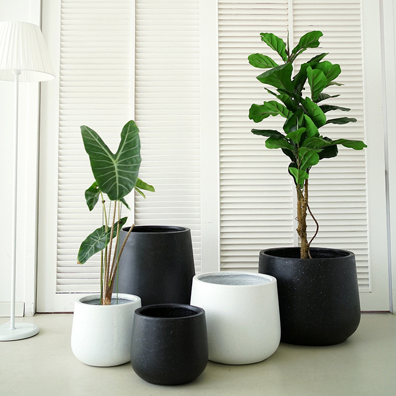 Nordic Simple Cement กระถางดอกไม้ห้องนั่งเล่นสีดําตั้งพื้นรอบกระถางต้นไม้ขนาดใหญ่ Creative White Tre