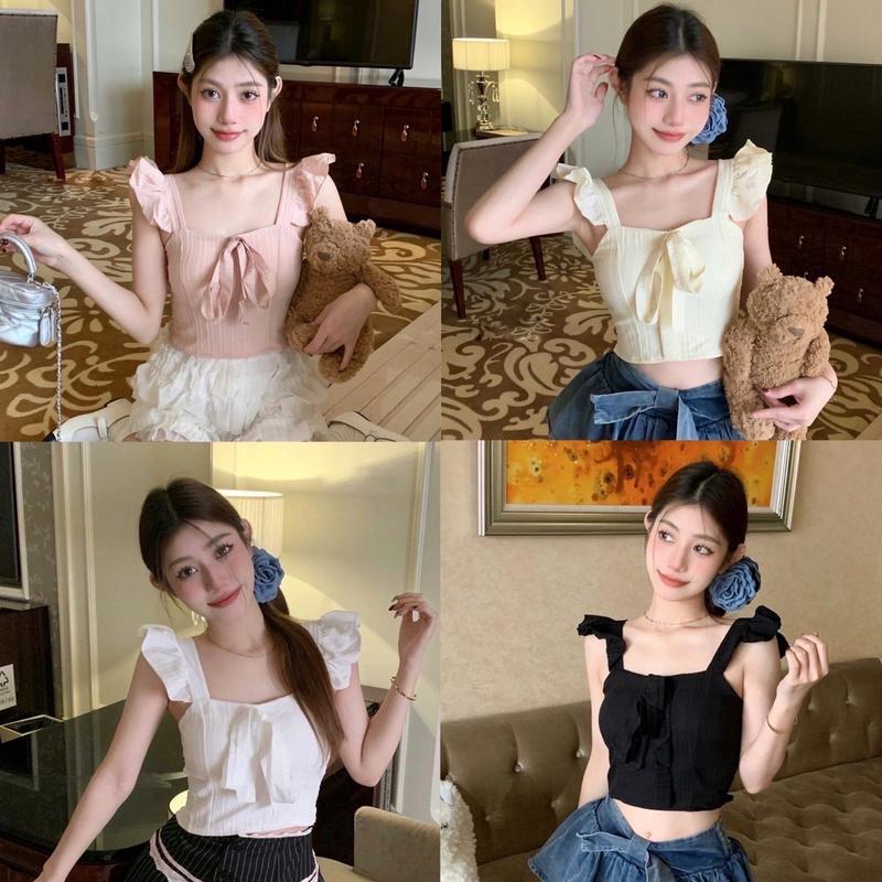 สินค้าพร้อมส่ง! เสื้อสายเดี่ยวดีไซน์โบว์สไตล์ฝรั่งเศส ไอเทมแฟชั่นสำหรับฤดูร้อนสำหรับผู้หญิง