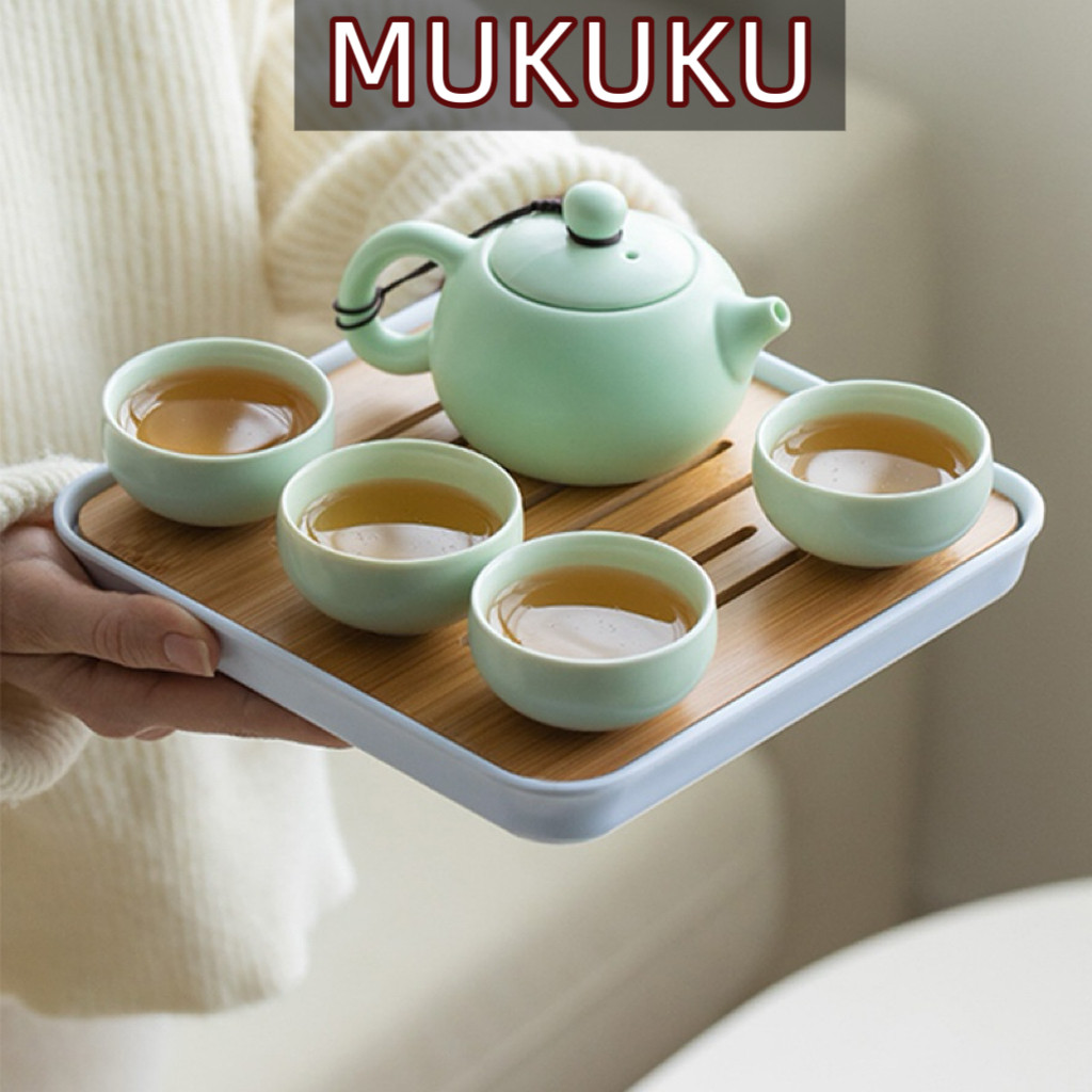 MUKUKU ชุดชงมัทฉะ ชุดชงชา กาน้ำชาเซรามิก ประกอบด้วยถาดและอุปกรณ์ชงชา แปรงชงชาไม้ไผ่ กล่องของขวัญ