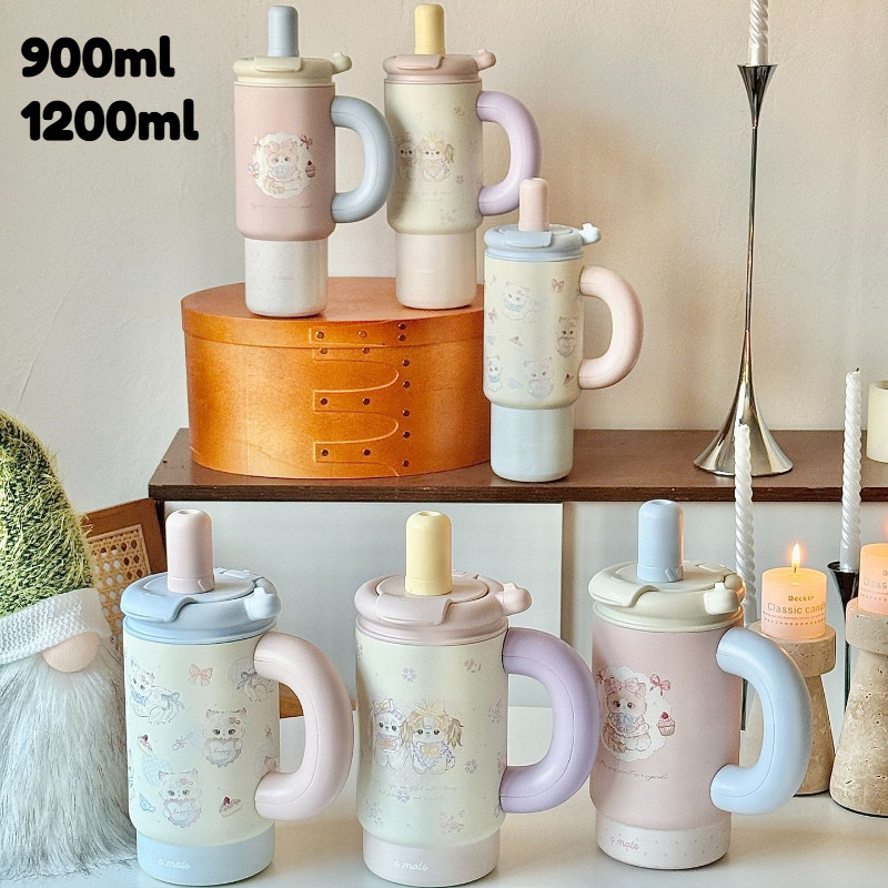[2ขนาด] กระติกCeramic大容量 900ml/1200ml พร้อมหูจับ สแตนเลส316 กันรั่ว น่ารัก