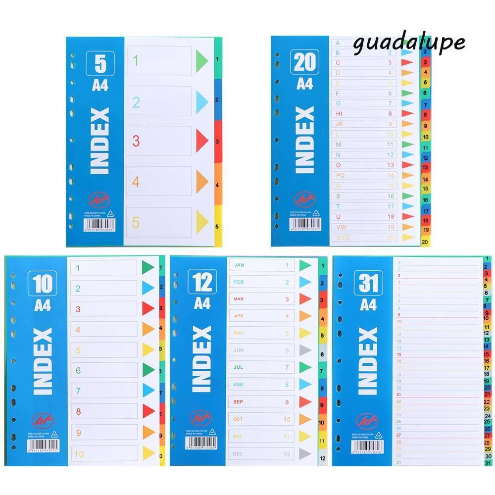 GUADALUPE ดัชนีแยกหน้า, ตัวเลข A4 ขนาดหลวมใบ Dividers, Binder Tabs 5/10/12/20/31Pages วัสดุ PP 11 หลุม Binder Dividers ไฟล์