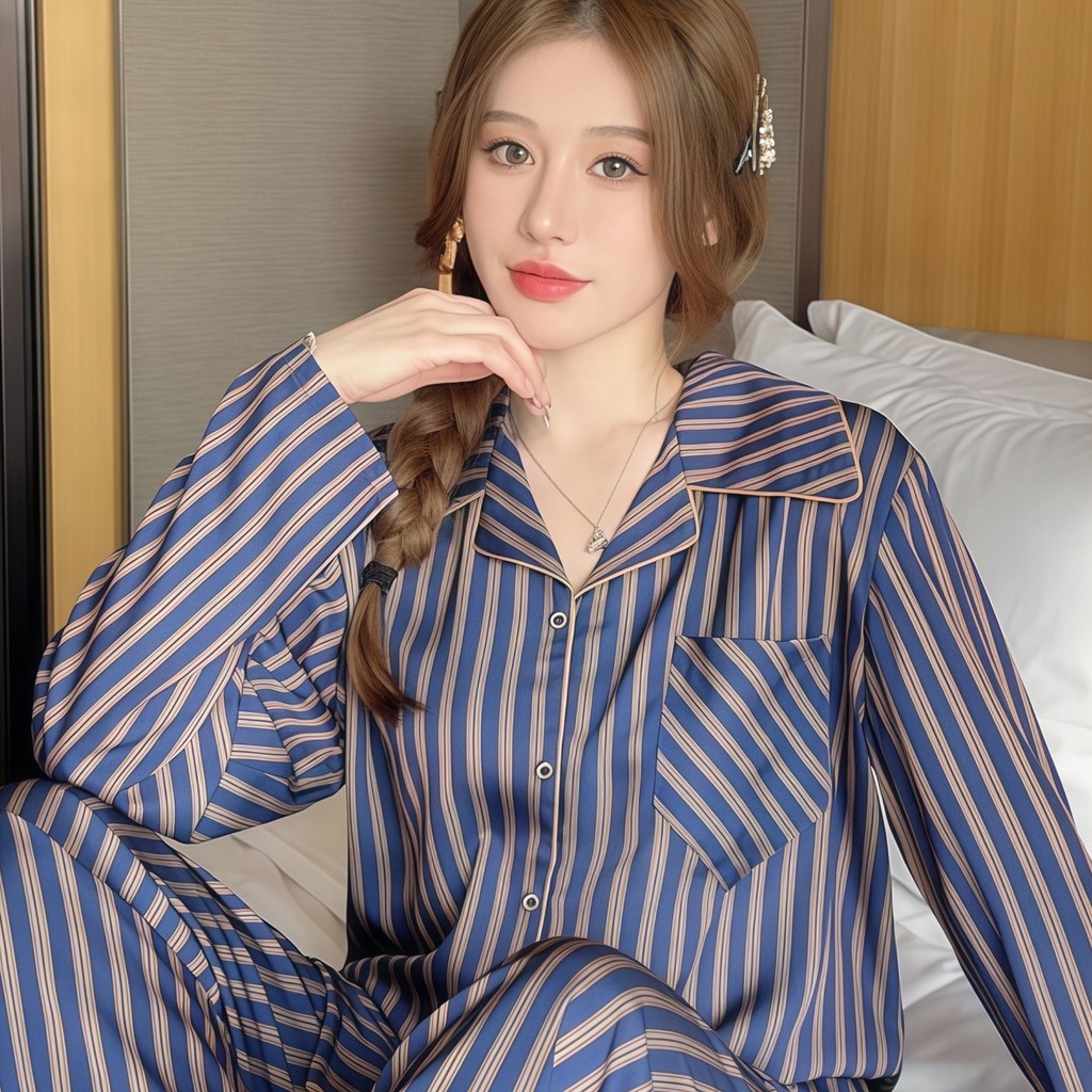 SLEEPWEAR FACTORY  ชุดนอนลายทาง ชุดนอนเกาหลี  สไตล์หรูหรา ใส่สบาย 💘อก 32-48 นิ้ว W038 รูปที่ 2