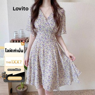 (LIVE STREAM SALE) Lovito ชุดเดรส แขนสั้น คอวี ซิปรูด ลายดอก…