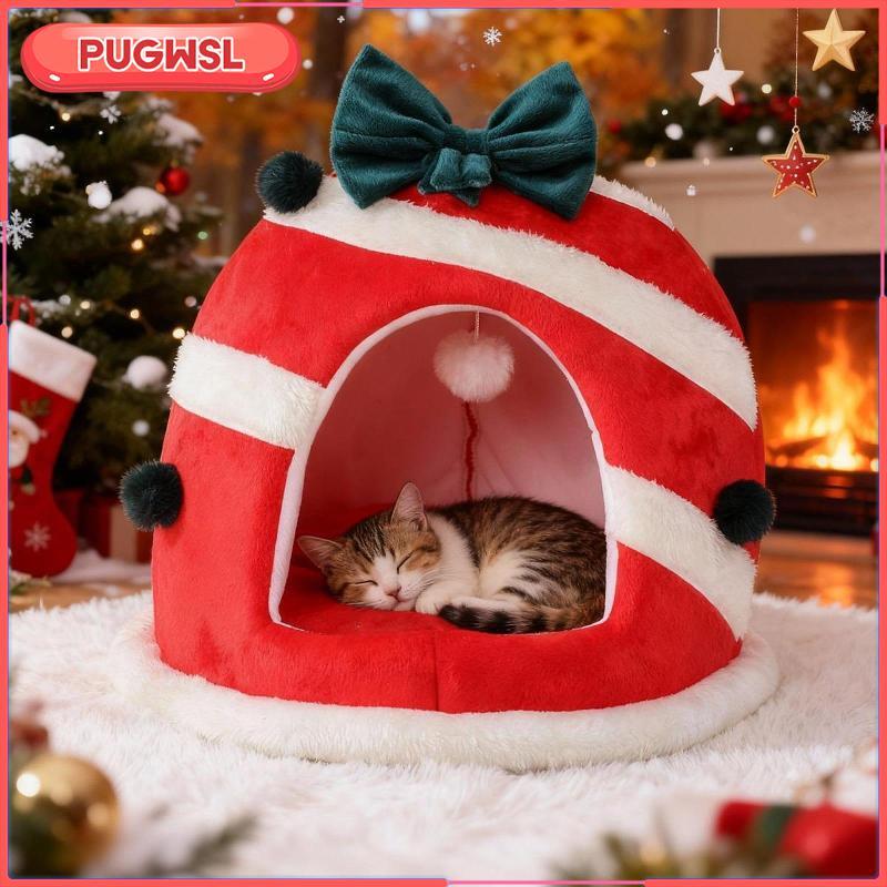 [pugwsl] Xmas Cat Cave Bed Arctic Velvet Cushion ที่ถอดออกได้ในร่มเต็นท์สัตว์เลี้ยง Hideaway สําหรับแมวอุปกรณ์เสริม