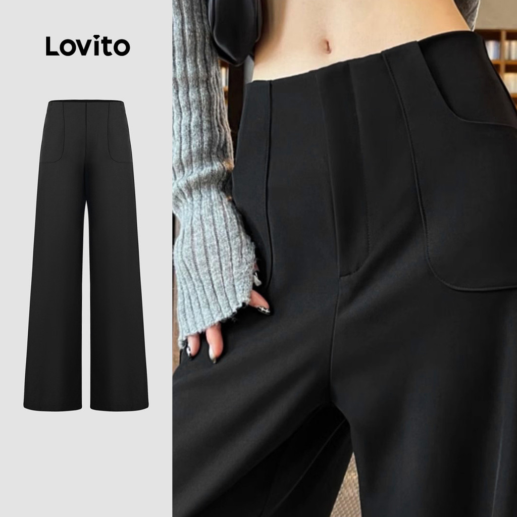 Lovito กางเกงลำลองมีกระเป๋าซิป กางเกงขายาวสีดำ สำหรับผู้หญิง ฤดูใบไม้ผลิ/ฤดูร้อน