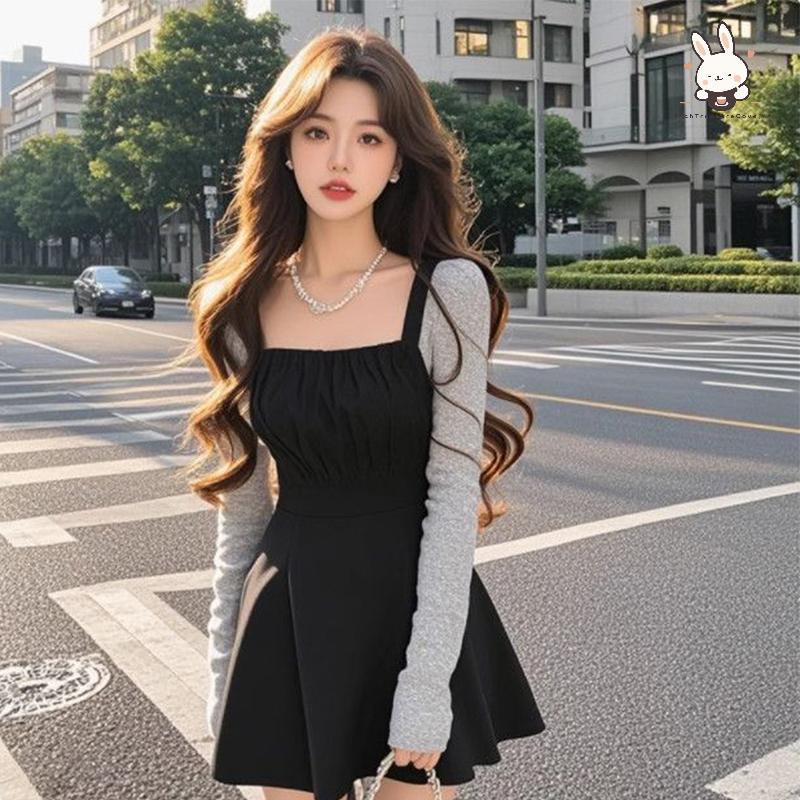 [Teh] ผู้หญิงต้นฤดูใบไม้ร่วง A-Line แขนยาวคอเหลี่ยมบล็อกสีเดรสสั้นสุดชิค [VN]