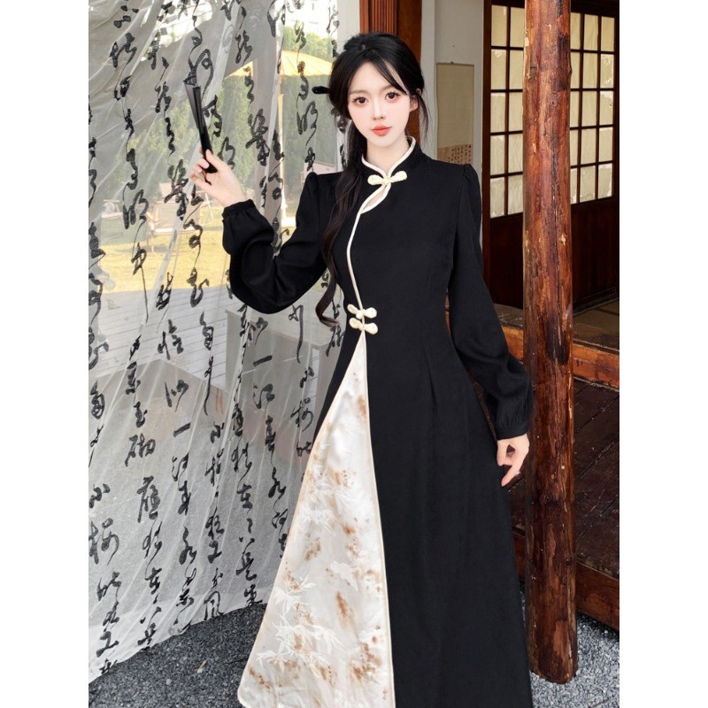 (ส่งจากกรุงเทพฯ)กี่เพ้าประยุกต์ ผู้หญิง รูปยาวสไตล์จีนใหม่ ชุดผู้หญิง สีดำ สีขาว สัมมัติ สีขาว - รูปที่ 5
