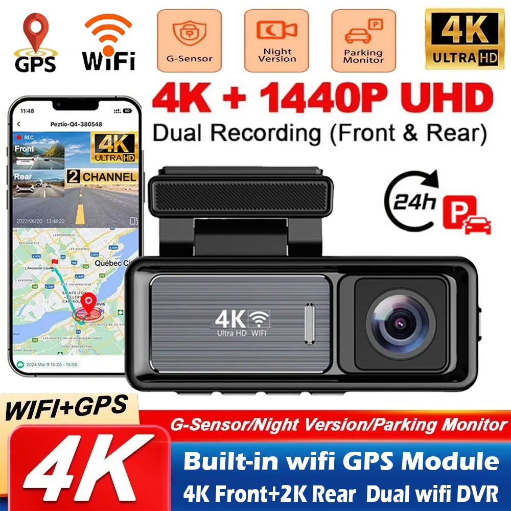 3.2 นิ้ว 4K WIFI Dashcam Dual Channel DVR Recorder 4K ด้านหน้า + 2K ด้านหลังในตัว GPS รองรับ 24H การ