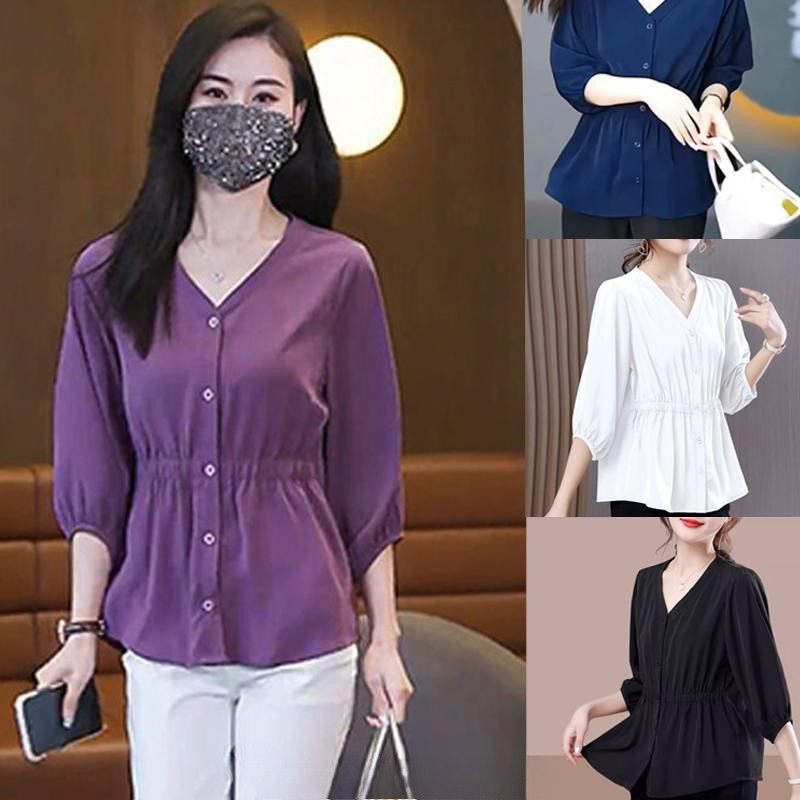 PoPpy#เสื้อชีฟองแขนสามส่วนสำหรับผู้หญิง ดีไซน์เข้ารูปช่วงเอว เหมาะสำหรับผู้หญิงไซส์ใหญ่ มีให้เลือก 6 สี#W683