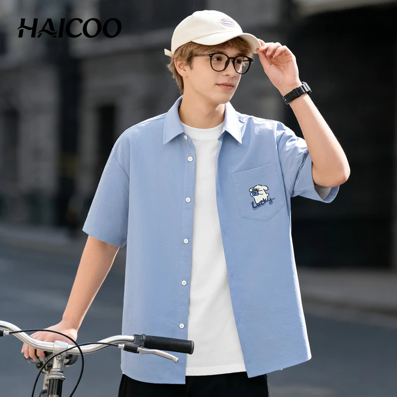 HAICOO เสื้อเชิ้ตผู้ชาย ผ้าไอซ์ซิลก์ ทรงหลวม เย็น ซักง่าย M-5XL ทำงาน เที่ยว คาเฟ่ ขับรถ มินิมอล