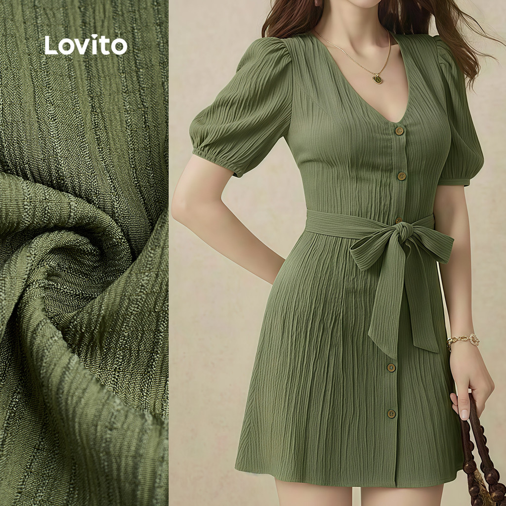 Lovito สง่างาม เดรสสีเขียวสําหรับฤดูใบไม้ผลิ/ฤดูร้อนของผู้หญิง แบบติดกระดุมและเข็มขัด L177ED293