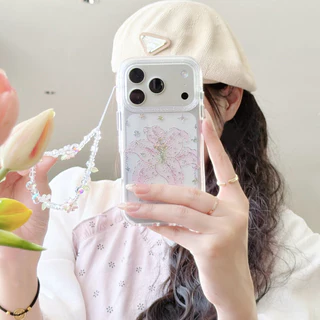 Glitter Clear Lily & Morning Glory กันชนนุ่ม Hard กลับดอกไม้น่ารักออกแบบกันกระแทกพร้อมโซ่สําหรับ IPhone17 16 15 14 13 Pro Max