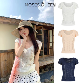 MOSESQUEEN เสื้อเบลาส์แขนสั้นทรงหลวม ลายฉลุ คอปก สำหรับฤดูร้อน #69028