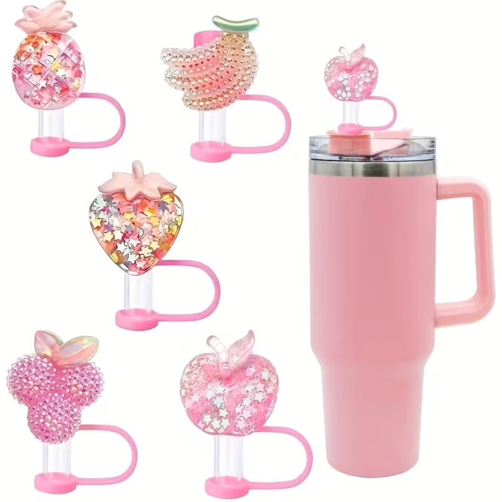 ที่ปิดหลอดดูดน้ำ 3D เรซิ่น Bling ผลไม้ สำหรับแก้ว Stanley, ฝาครอบหลอดกันฝุ่น สไตล์น่ารัก