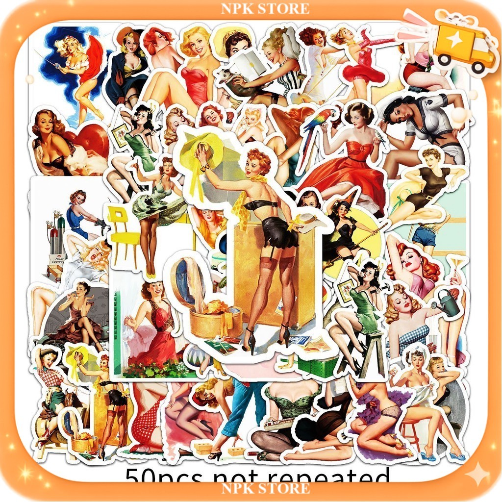 🔥🇹🇭พร้อมส่ง🇹🇭🔥 50แบบ สติกเกอร์ การ์ตูนผู้หญิง ย้อนยุค Retro girl post Sexy Actress Sticker