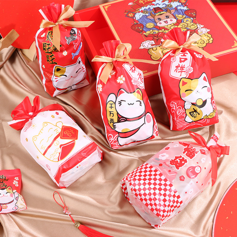 Lucky Cat Snowflake Crisp ถุงบรรจุภัณฑ์ Drawstring Drawstring Bag Biscuit Nougat Candy Bag Ziplock M