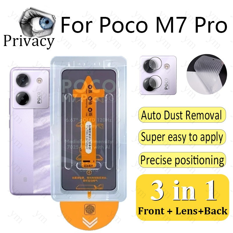 3 In 1 ฟิล์ม ฟิล์มกระจก Poco M7 Pro Anti-Spy ความเป็นส่วนตัวคลิกเดียวกระจกนิรภัยป้องกันหน้าจอ Anti-p
