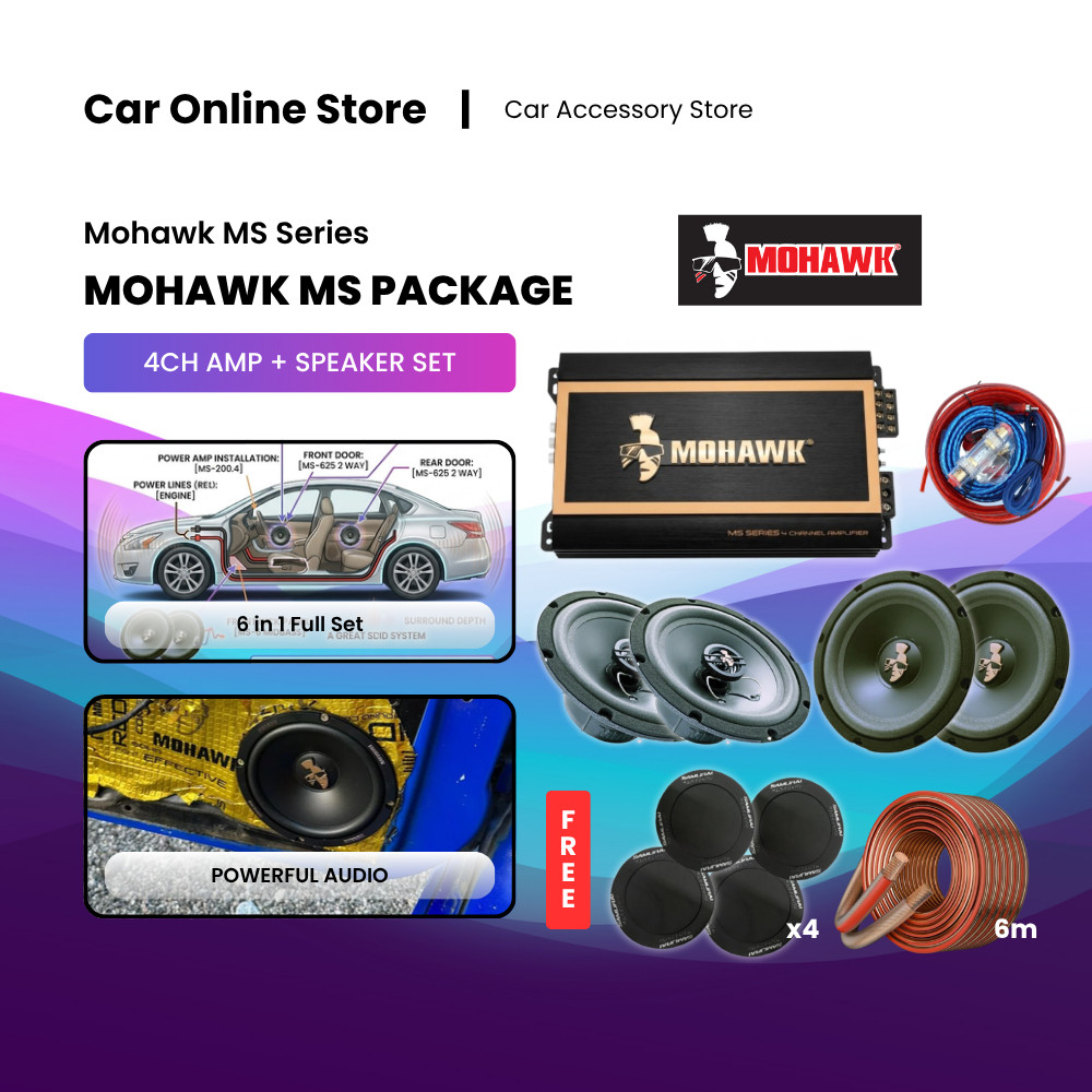ชุดแพ็กเกจ6in 1ซีรีส์ MS จาก MOHAWK [แอมป์4แชนเนล MS-200.4ลำโพง2ทาง MS-625ลำโพงมิดเบส MS-6ชุดสายไฟแอ