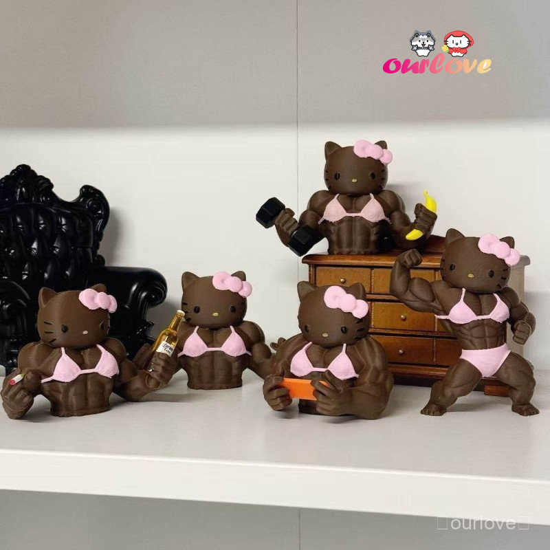 การ์ตูนฟิตเนสหนังสีดํา Hello Kitty3D พิมพ์ตุ๊กตาน่ารัก Dumbbell Abs Hello Kitty รูปเดสก์ท็อปตกแต่งของขวัญเพื่อน