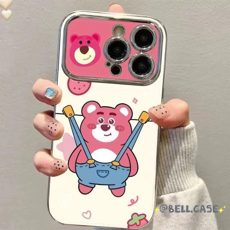 สําหรับ IPhone17 16 15 14 13 12 11ProMax XR 7Plus น่ารัก Overalls สตรอเบอร์รี่หมี Big Windows เคสโทรศัพท์