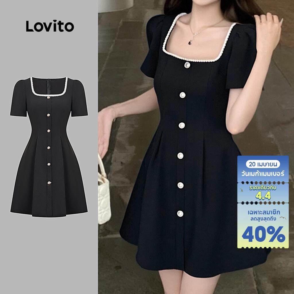 Lovito เดรสสไตล์โบโฮ เดรสสีดำสำหรับผู้หญิง ทรงคลาสสิก สวมใส่สบาย เหมาะสำหรับฤดูใบไม้ผลิ/ฤดูร้อน ติดกระดุมด้านหน้า L154ED490