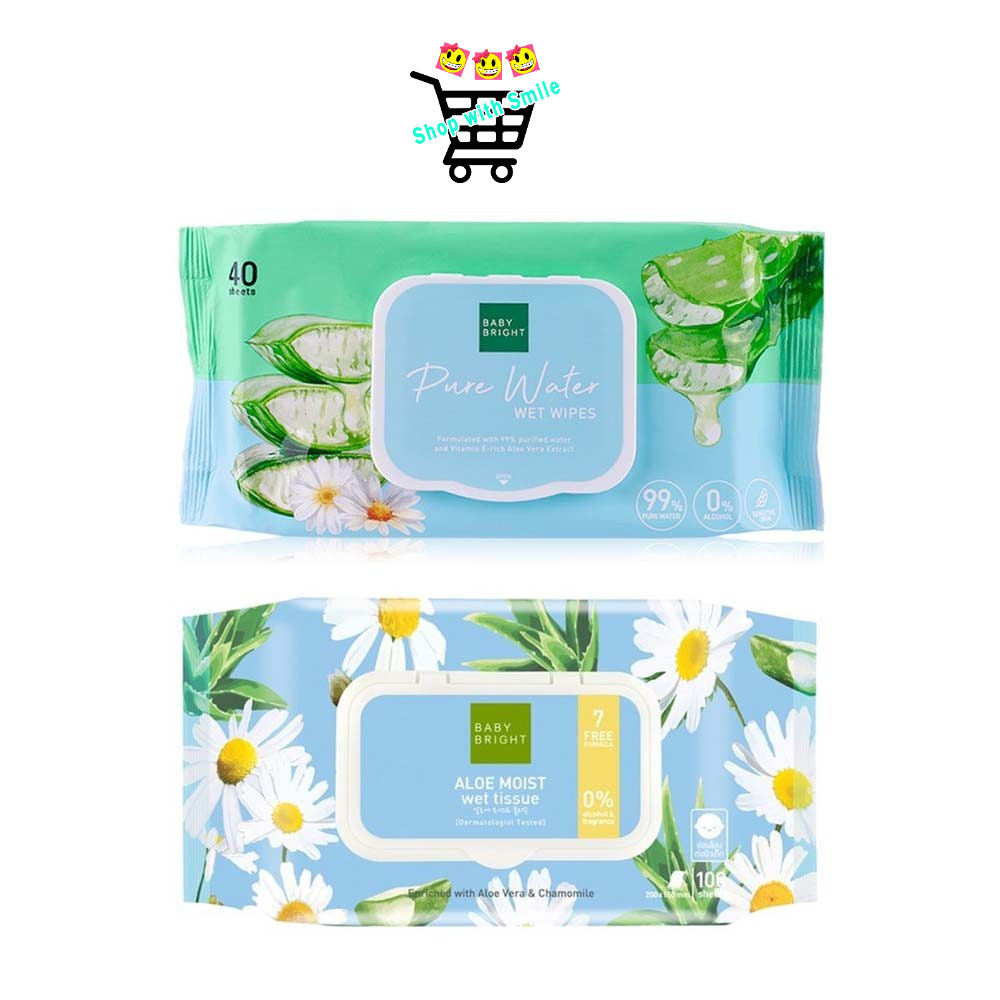 ทิชชู่เปียกอเนกประสงค์ Baby Bright Pure Water Wet Wipes 40 แผ่น Aloe Moist Wet Tissue 100 แผ่น