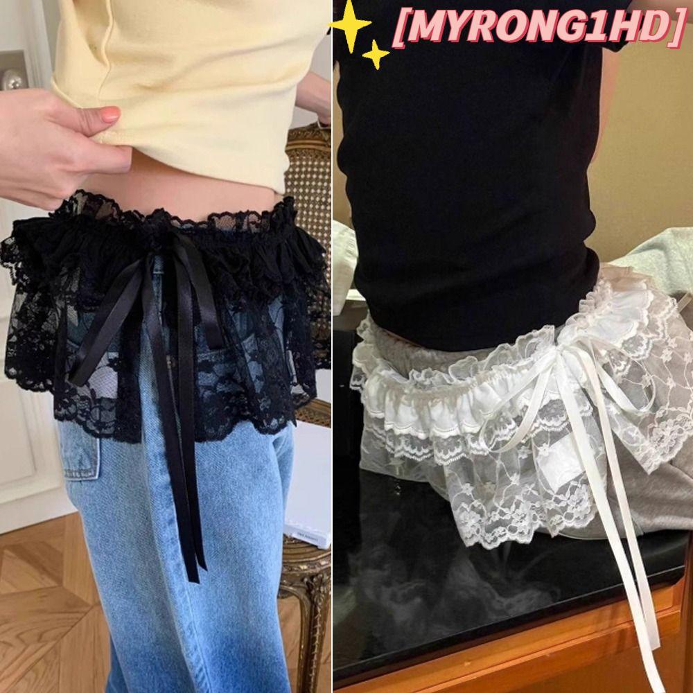 MYRONG1HD ลูกไม้มินิกระโปรง, Y2K Streetwear ปักดอกไม้ Lace Up Ruffles กระโปรง, Harajuku ดูผ่าน Ruche