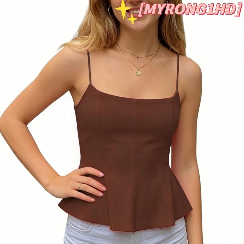 MYRONG1HD Crop Top,สีทึบยืดหยุ่น Camisole Top,Y2K Slim FITแขนกุด Flared Hem Tank Topผู้หญิงฤดูใบไม้ผ