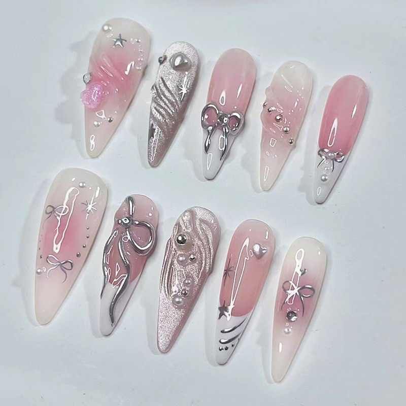 Cats Eye Galaxy สวมใส่เล็บกระพริบเพชร Love Bow เล็บปลอมภาษาฝรั่งเศสคํา Blush Classy ins สไตล์เล็บ Patch ที่ถอดออกได้ Patch