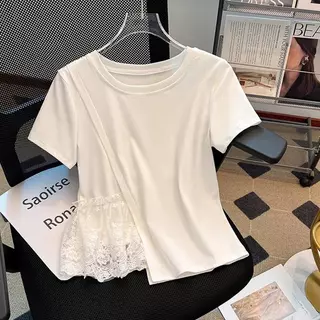 Chili Koko เสื้อยืดผู้หญิง ลูกไม้เย็บปะติดปะต่อกัน คอกลม แขนสั้น ทรงหลวม เรียบหรู อเนกประสงค์ 99312