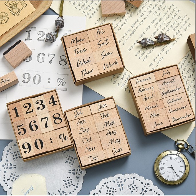 ชุดแสตมป์ไม้ Sunday Month Day Pay Stamp Handbook ตกแต่งรวมแสตมป์ภาษาอังกฤษ