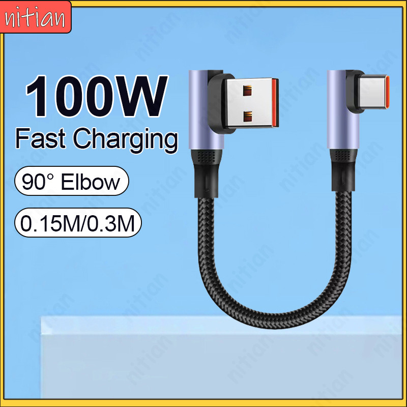 15ซม./30ซม. 90° ข้อศอก USB Type C สายเคเบิลข้อมูลสั้น 100W Fast Charging 6A Power Bank สายเคเบิลข้อม
