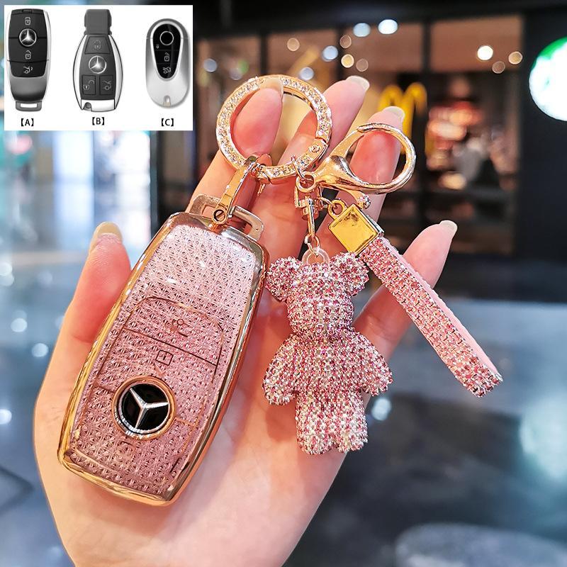 สีชมพู/สีขาวกุญแจรถปลอกกุญแจสําหรับ Mercedes Benz Maybach S580 ABC-M-CLA-CLS-E-G-GLB-GLE-R-SL Class 