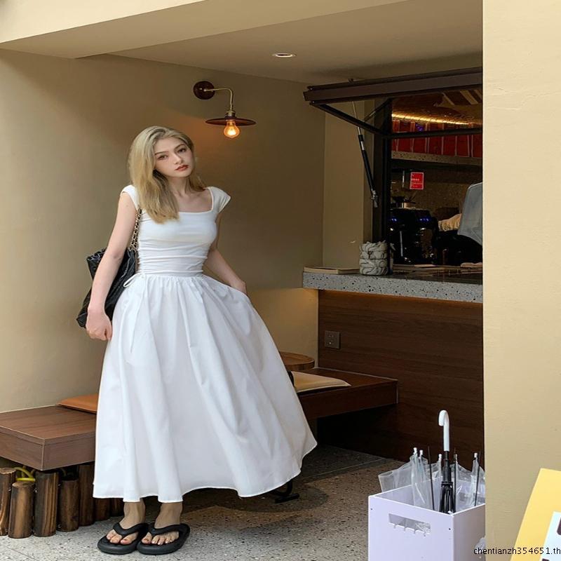 Xiao Lienni ชุดเดรสยาว ผ้าถัก เอวสูง คอสี่เหลี่ยม สไตล์มินิมอล สําหรับสตรี MGR5