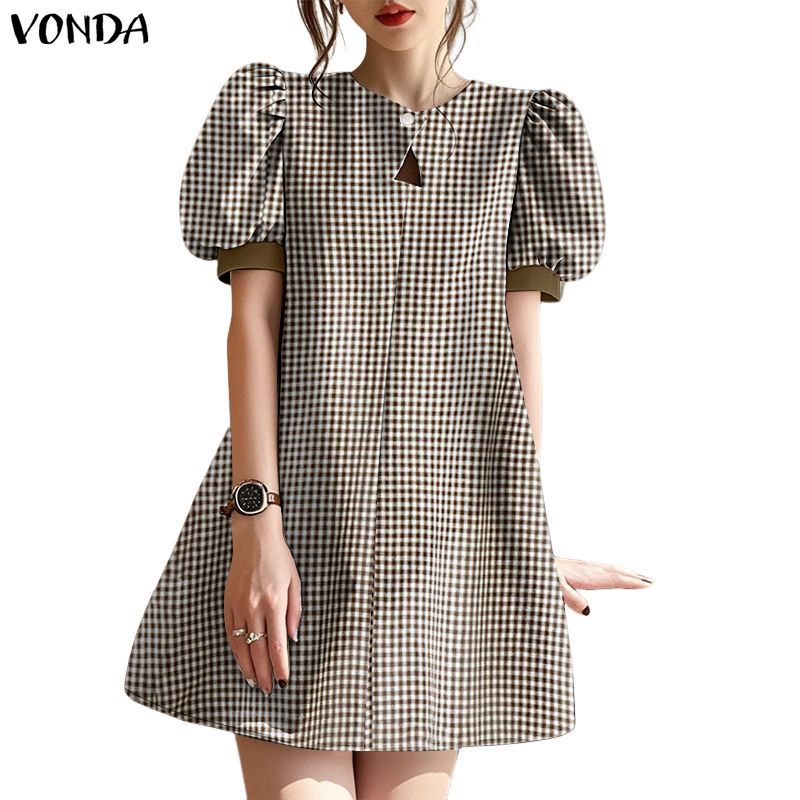 VONDA กระโปรงเอไลน์สำหรับผู้หญิง สไตล์เกาหลี อกเปิดทรงปอมปอม ลายตาราง