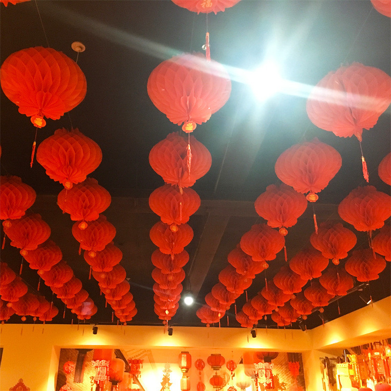 5/10ชิ้น พับรังผึ้งสีแดงกระดาษโคมไฟพรรคฉลองแขวนตกแต่งอุปกรณ์ปีใหม่ - รูปที่ 3